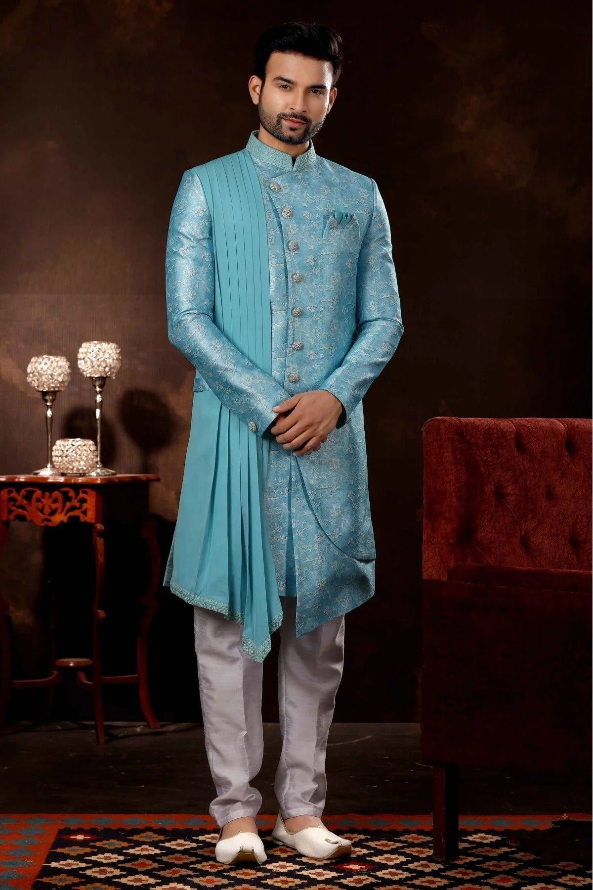 Sky Blue Colour Jacquard Sherwani SH1040375