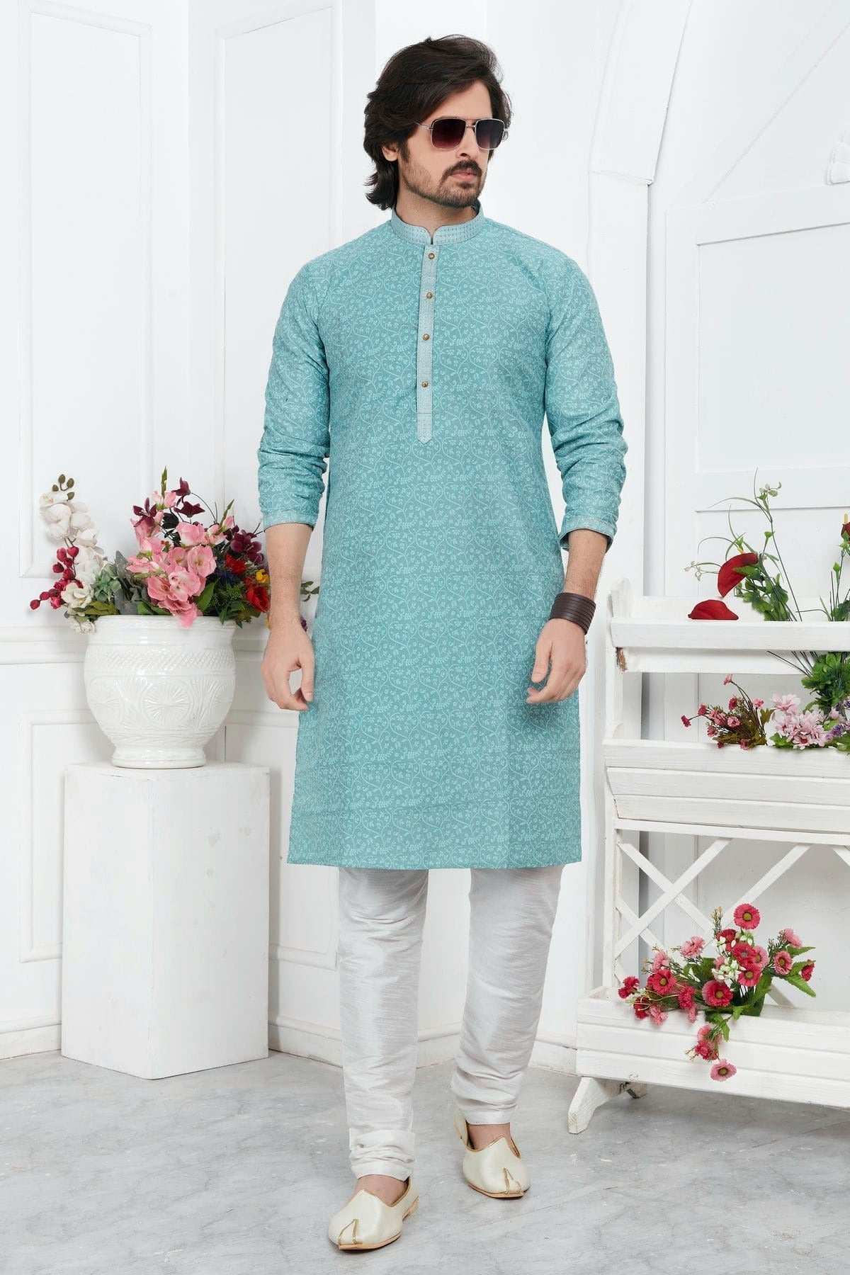 Sky Blue Colour Jacquard Silk Brocade Kurta Pajama KP1230210 A