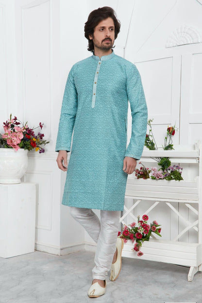 Sky Blue Colour Jacquard Silk Brocade Kurta Pajama KP1230210