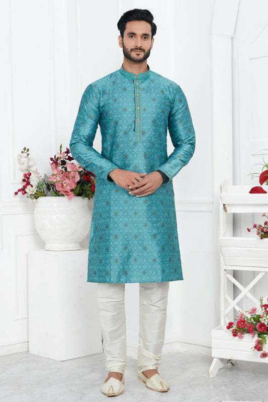 Sky Blue Colour Jacquard Silk Brocade Kurta Pajama KP1230225