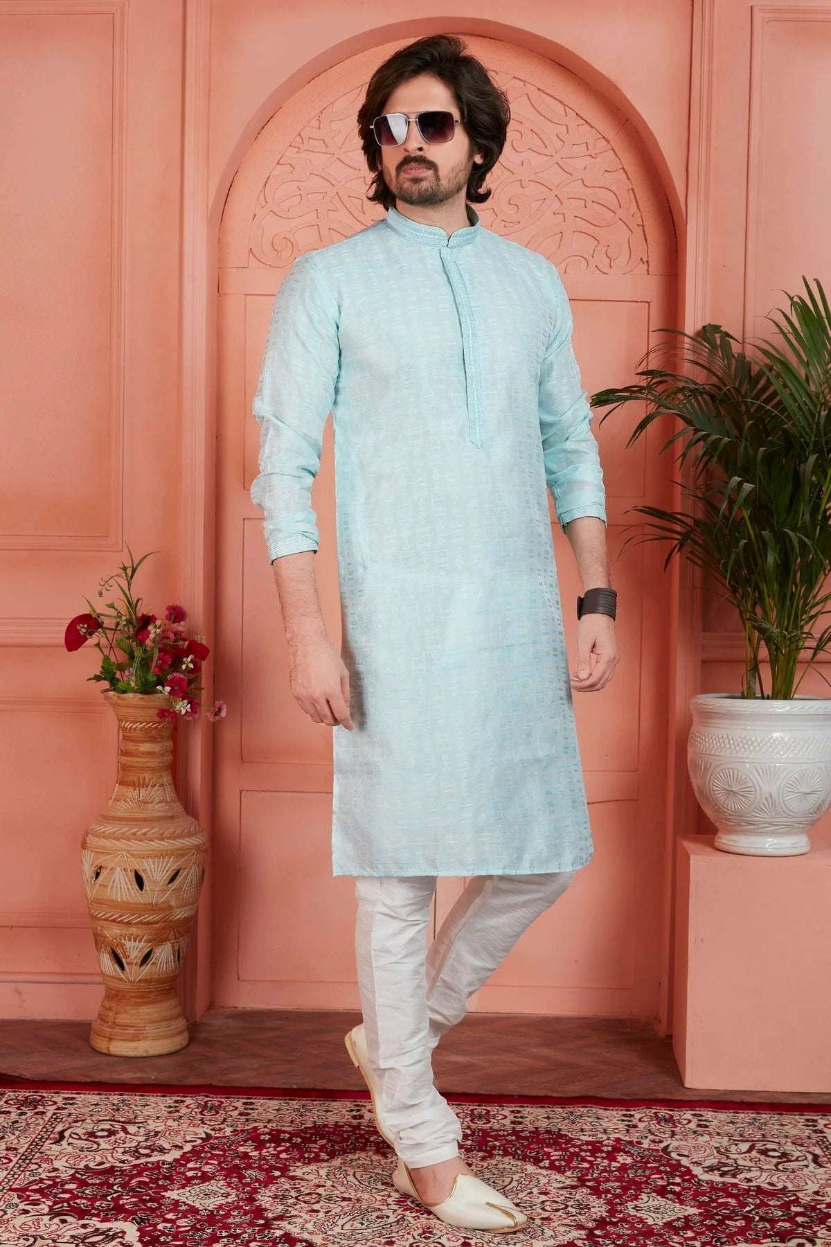 Sky Blue Colour Jacquard Silk Brocade Kurta Pajama KP1230227 A