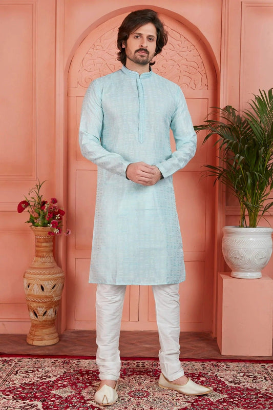 Sky Blue Colour Jacquard Silk Brocade Kurta Pajama KP1230227