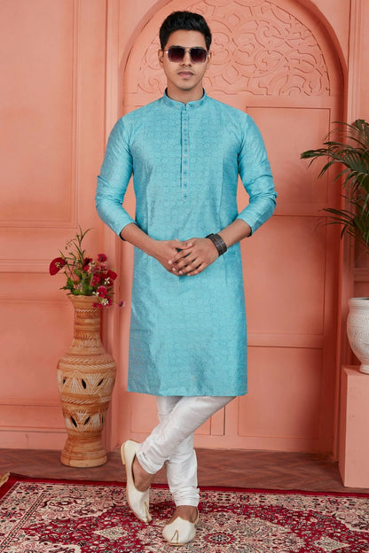 Sky Blue Colour Jacquard Silk Brocade Kurta Pajama KP1230230 A