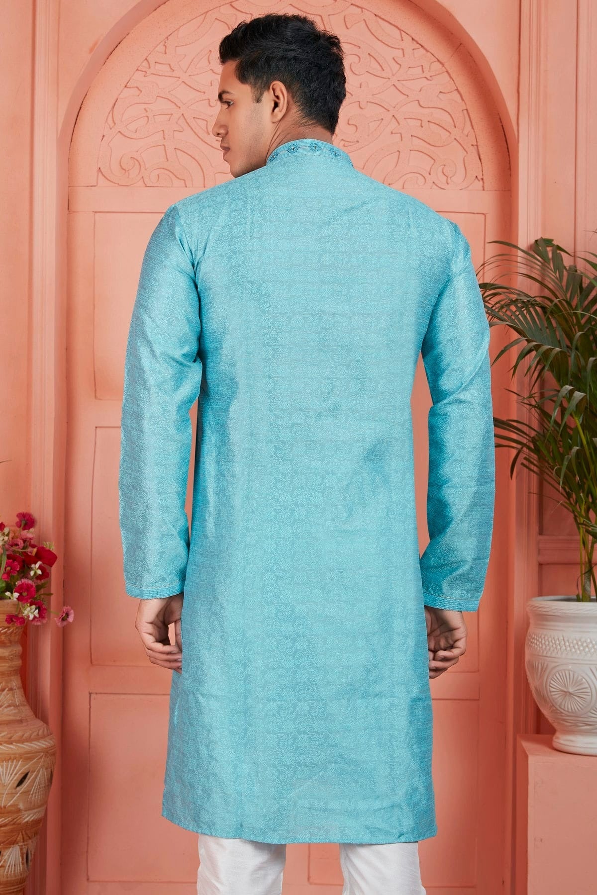 Sky Blue Colour Jacquard Silk Brocade Kurta Pajama KP1230230 B