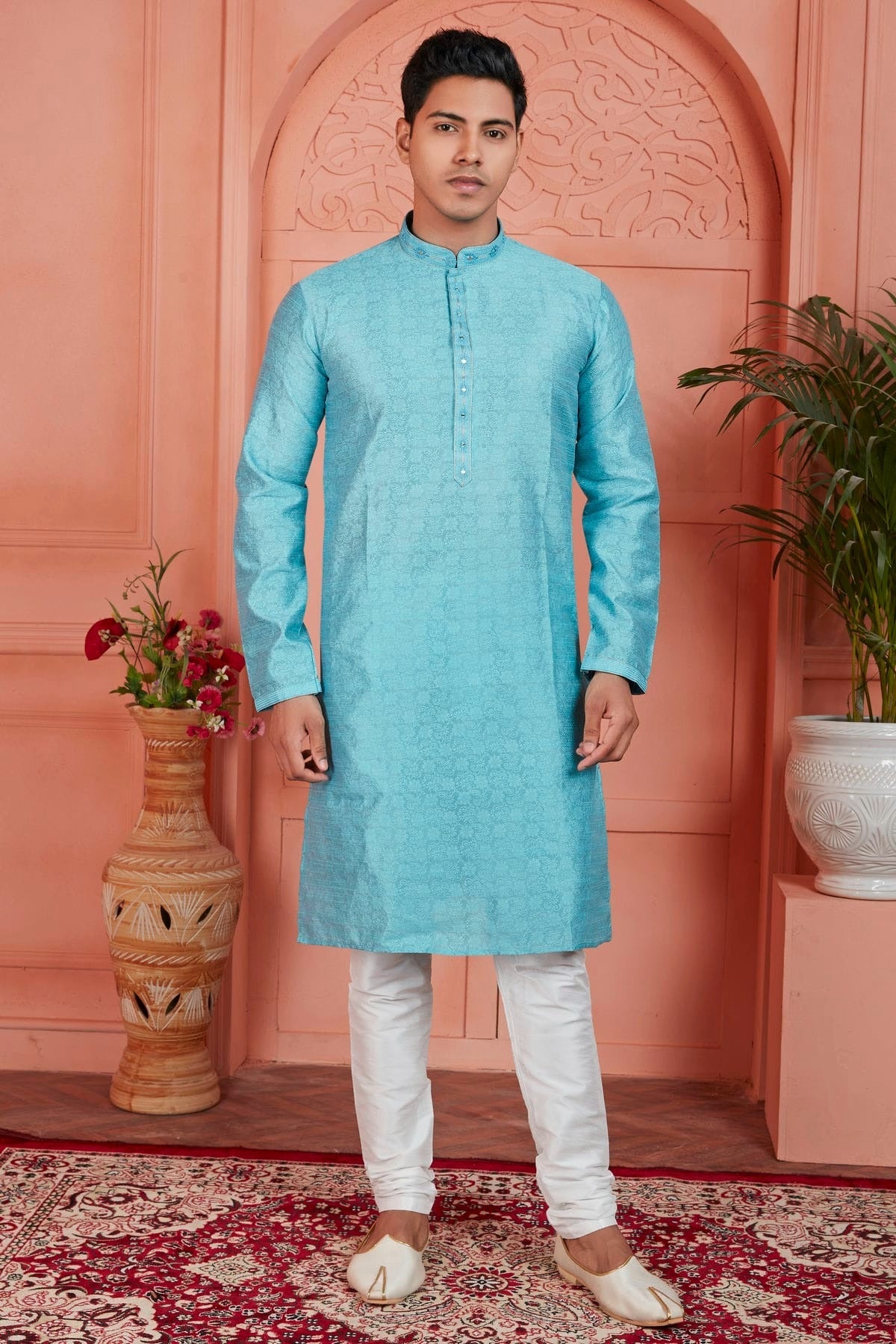 Sky Blue Colour Jacquard Silk Brocade Kurta Pajama KP1230230