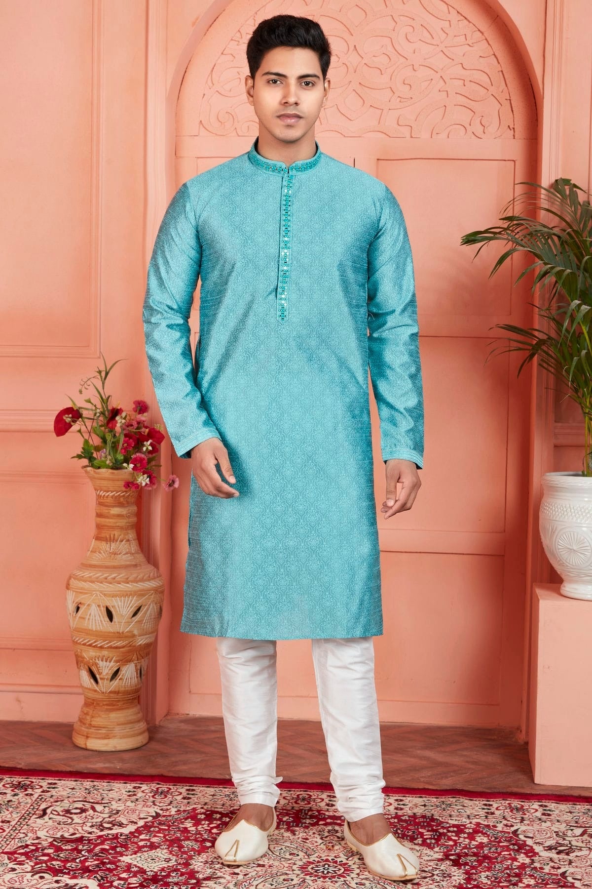 Sky Blue Colour Jacquard Silk Brocade Kurta Pajama KP1230232