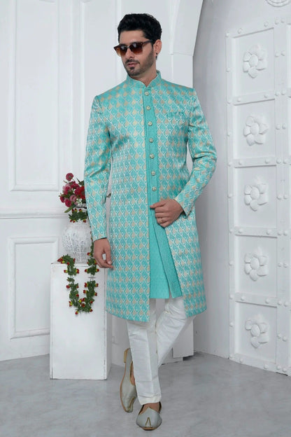 Sky Blue Colour Jacquard Silk Indowestern Sherwani With Aligadhi Pant SH1230029 A