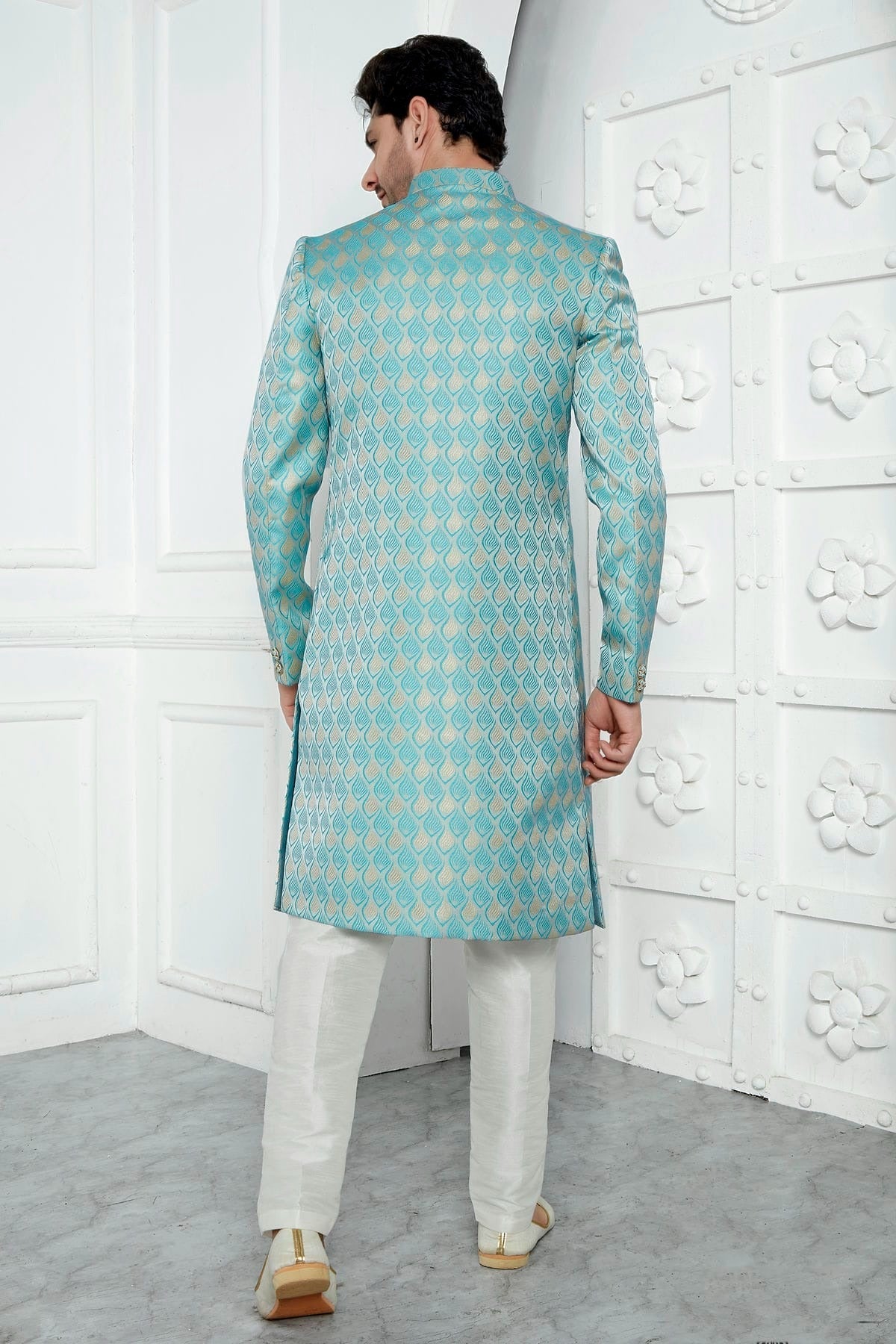 Sky Blue Colour Jacquard Silk Indowestern Sherwani With Aligadhi Pant SH1230029 B