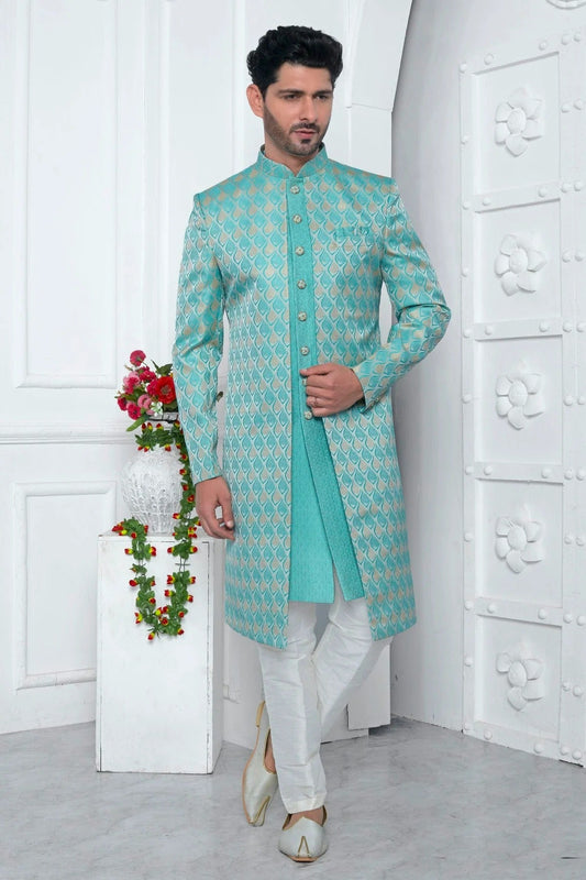 Sky Blue Colour Jacquard Silk Indowestern Sherwani With Aligadhi Pant SH1230029