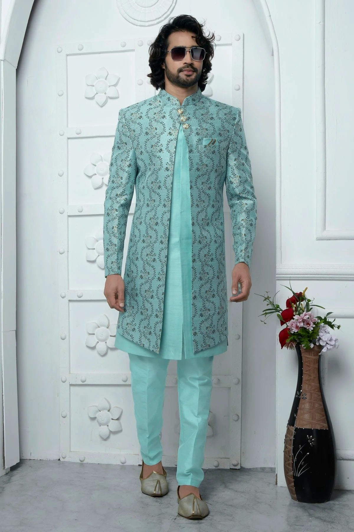 Sky Blue Colour Jacquard Silk Indowestern Sherwani With Aligadhi Pant SH1230035 A