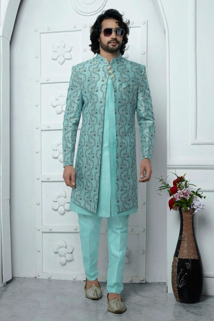 Sky Blue Colour Jacquard Silk Indowestern Sherwani With Aligadhi Pant SH1230035 A