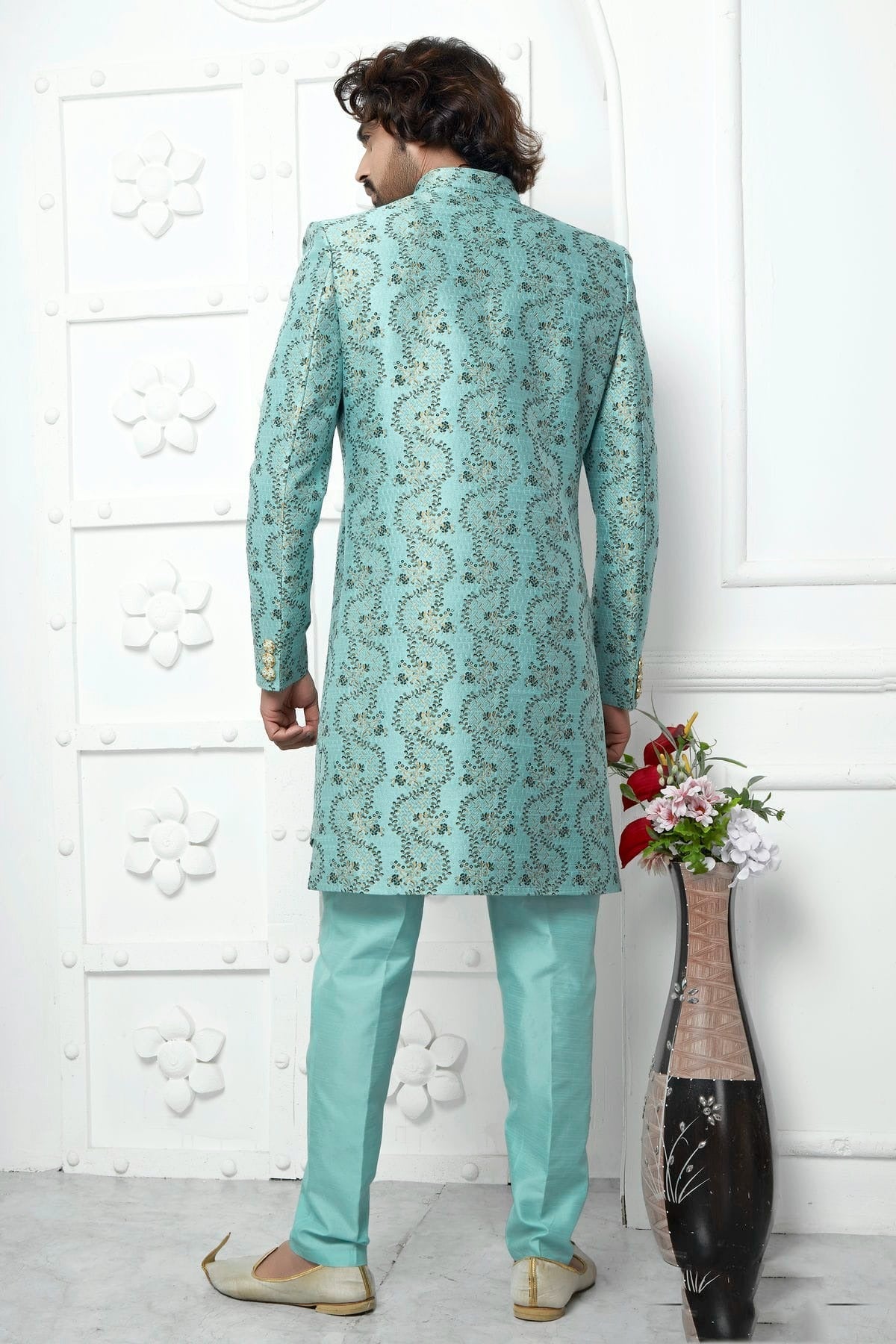 Sky Blue Colour Jacquard Silk Indowestern Sherwani With Aligadhi Pant SH1230035 B