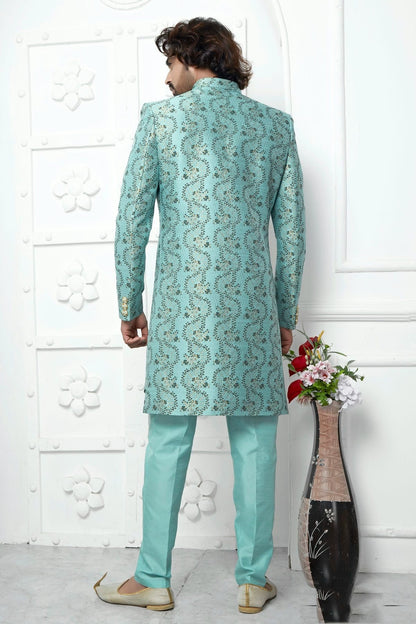Sky Blue Colour Jacquard Silk Indowestern Sherwani With Aligadhi Pant SH1230035 B