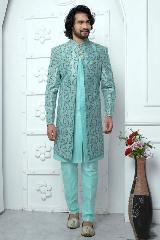 Sky Blue Colour Jacquard Silk Indowestern Sherwani With Aligadhi Pant SH1230035