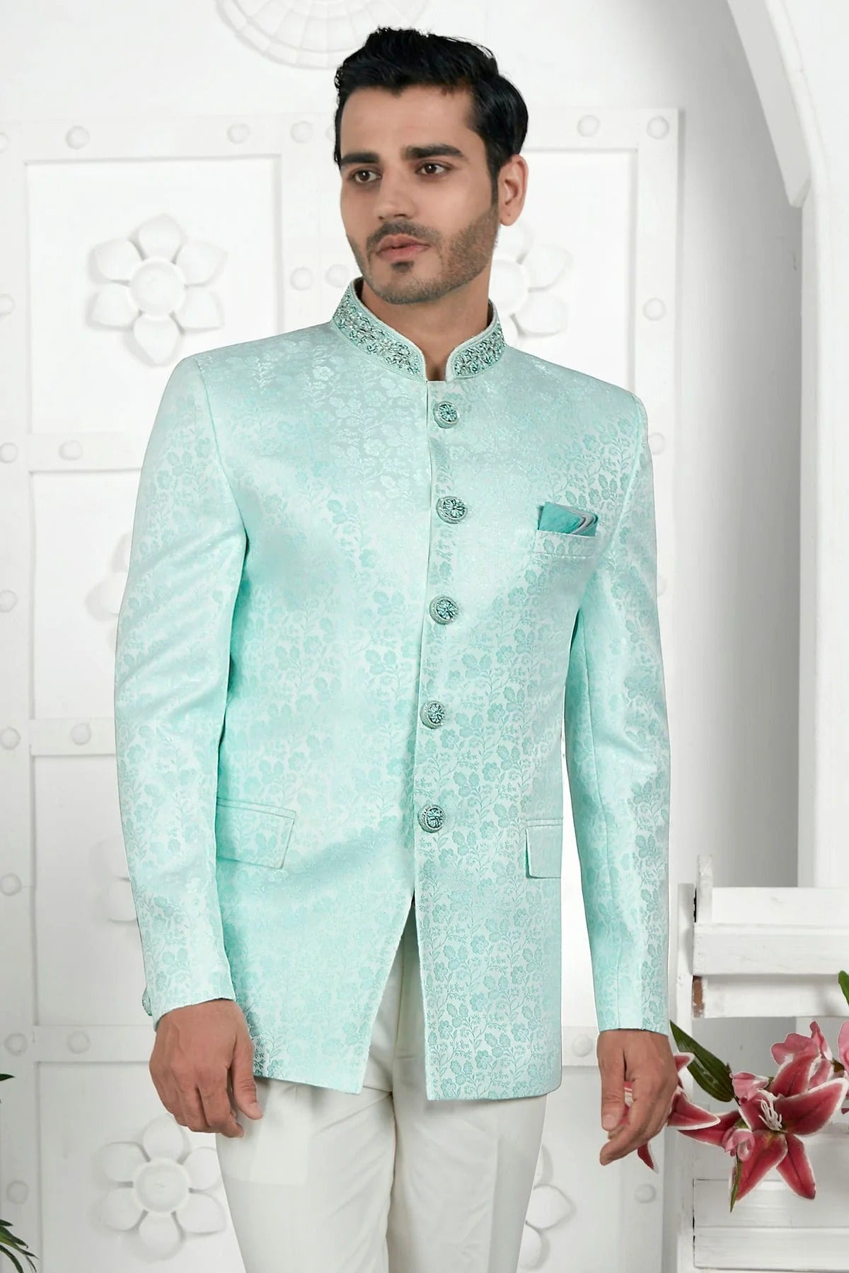 Sky Blue Colour Jacquard Silk Jodhpuri Jacket JP1230105 A