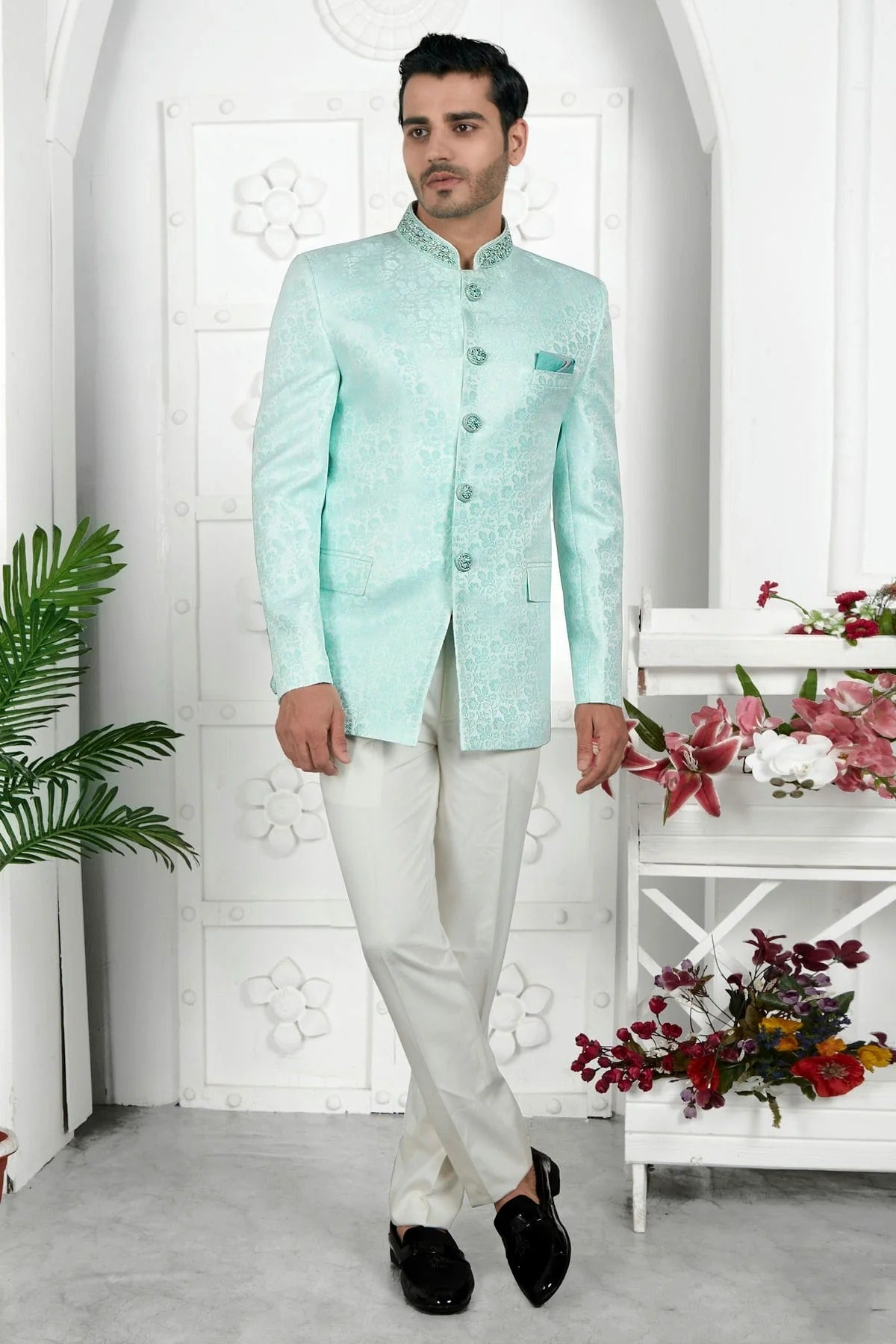 Sky Blue Colour Jacquard Silk Jodhpuri Jacket JP1230105