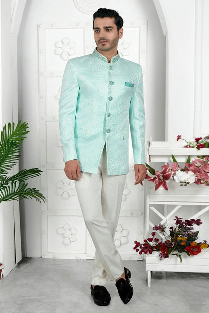 Sky Blue Colour Jacquard Silk Jodhpuri Jacket JP1230105