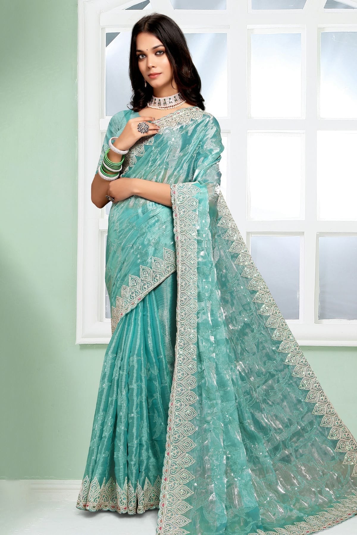 Sky Blue Colour Jimmy Choo Silk Designer Saree LC1121713