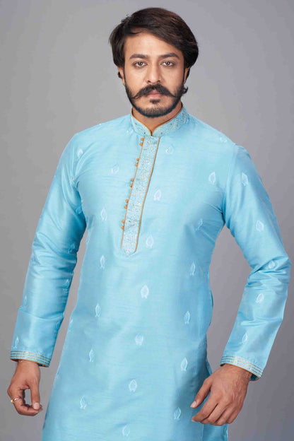 Sky Blue Colour Kurta Pajama In Jacquard Silk KP1210055 A