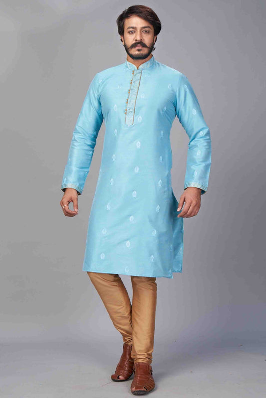 Sky Blue Colour Kurta Pajama In Jacquard Silk KP1210055
