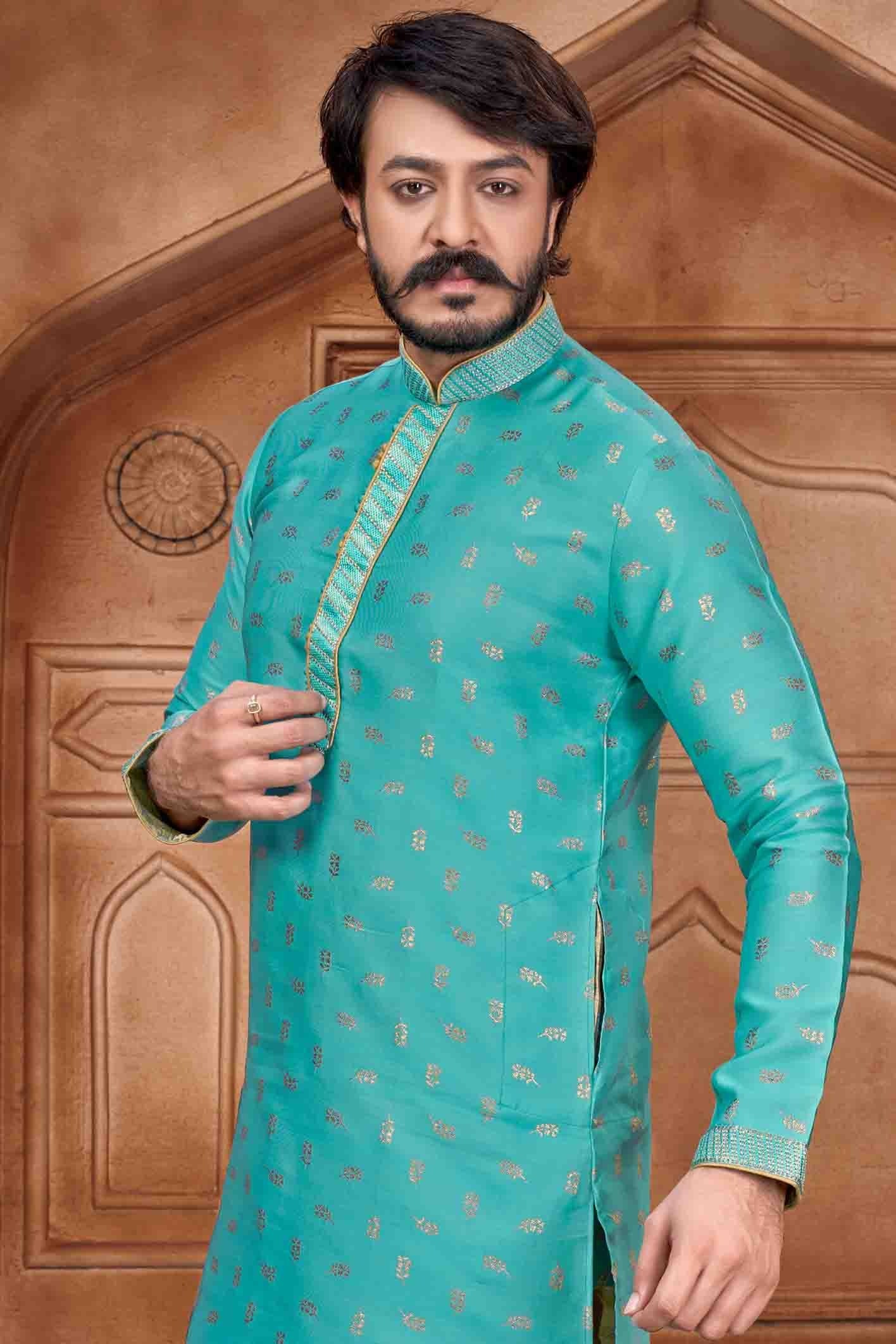 Sky Blue Colour Kurta Pajama In Jacquard Silk KP1210064 A