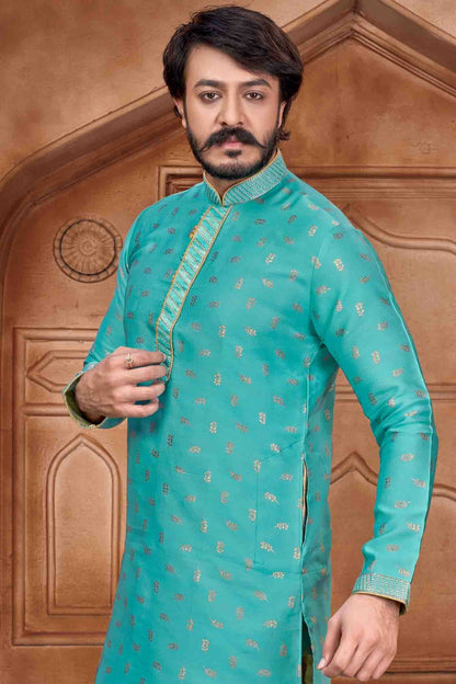 Sky Blue Colour Kurta Pajama In Jacquard Silk KP1210064 A