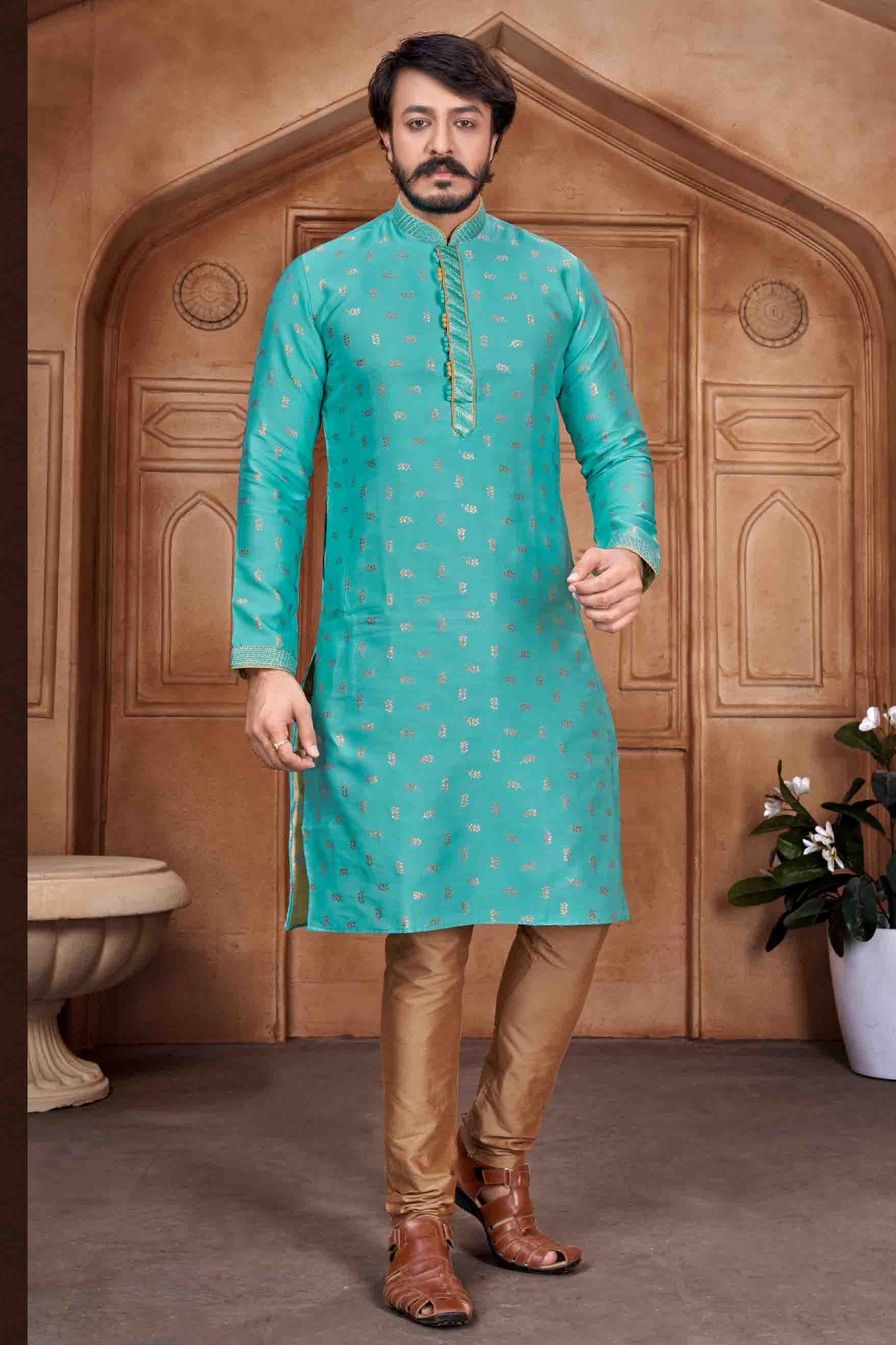 Sky Blue Colour Kurta Pajama In Jacquard Silk KP1210064