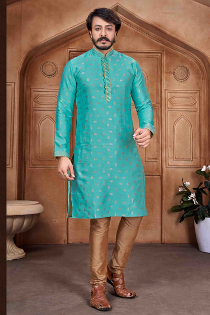 Sky Blue Colour Kurta Pajama In Jacquard Silk KP1210064