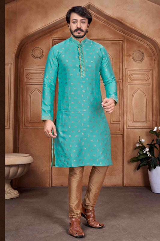Sky Blue Colour Kurta Pajama In Jacquard Silk KP1210064