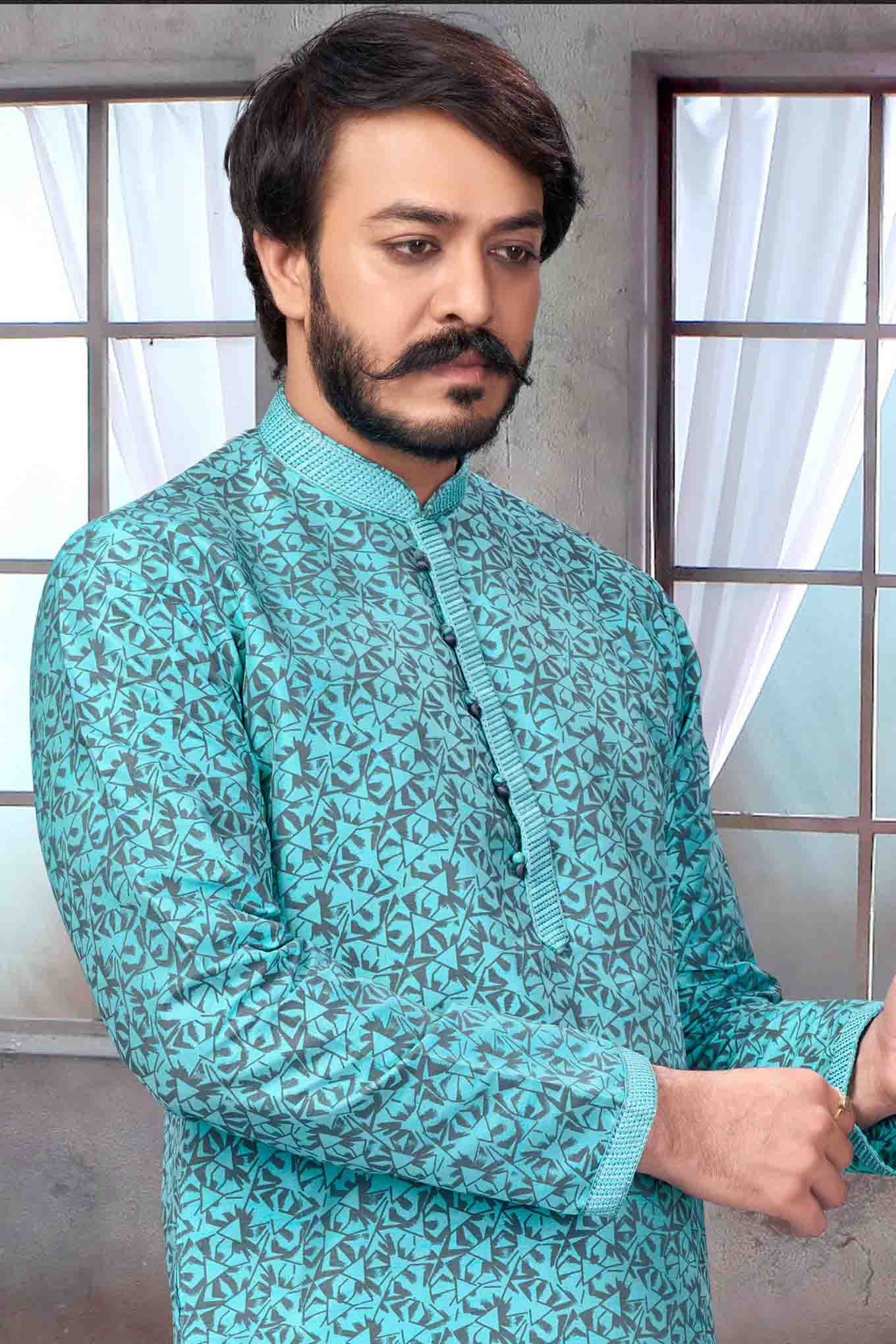 Sky Blue Colour Kurta Pajama In Jacquard Silk KP1210074 A