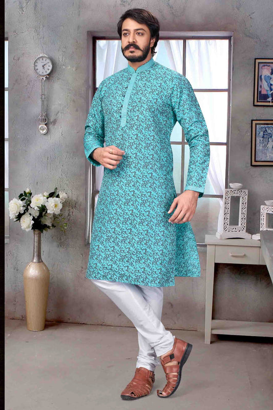 Sky Blue Colour Kurta Pajama In Jacquard Silk KP1210074