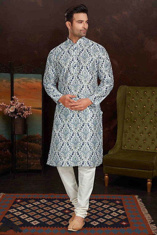 Sky Blue Colour Kurta Pajama In Malai Silk KP1210156