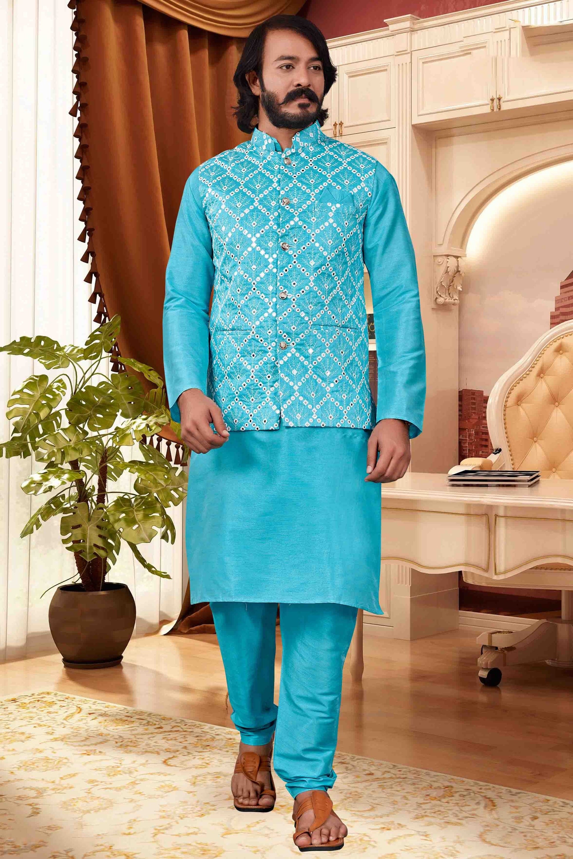 Sky Blue Colour Kurta Pajama With Jacket In Art Silk KP1210393
