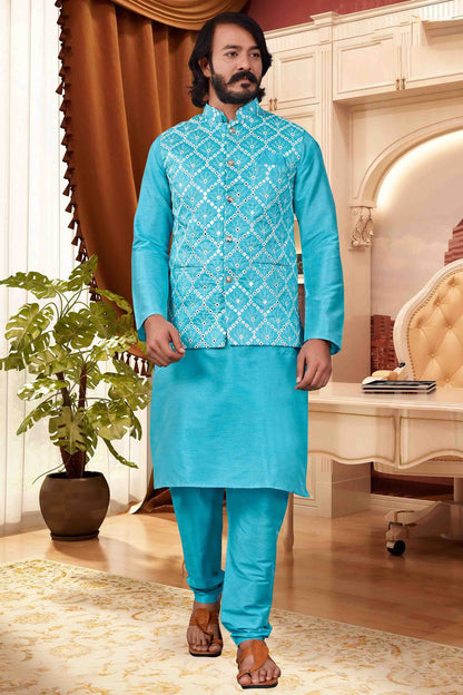 Sky Blue Colour Kurta Pajama With Jacket In Art Silk KP1210393