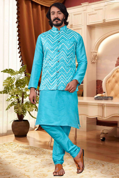 Sky Blue Colour Kurta Pajama With Jacket In Art Silk KP1210414