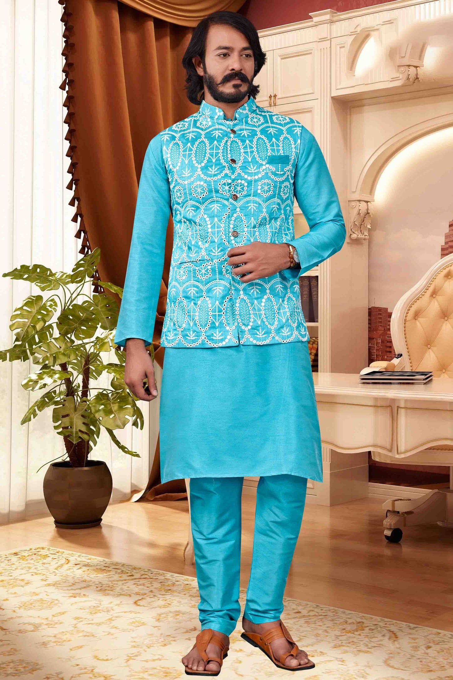 Sky Blue Colour Kurta Pajama With Jacket In Art Silk KP1210418