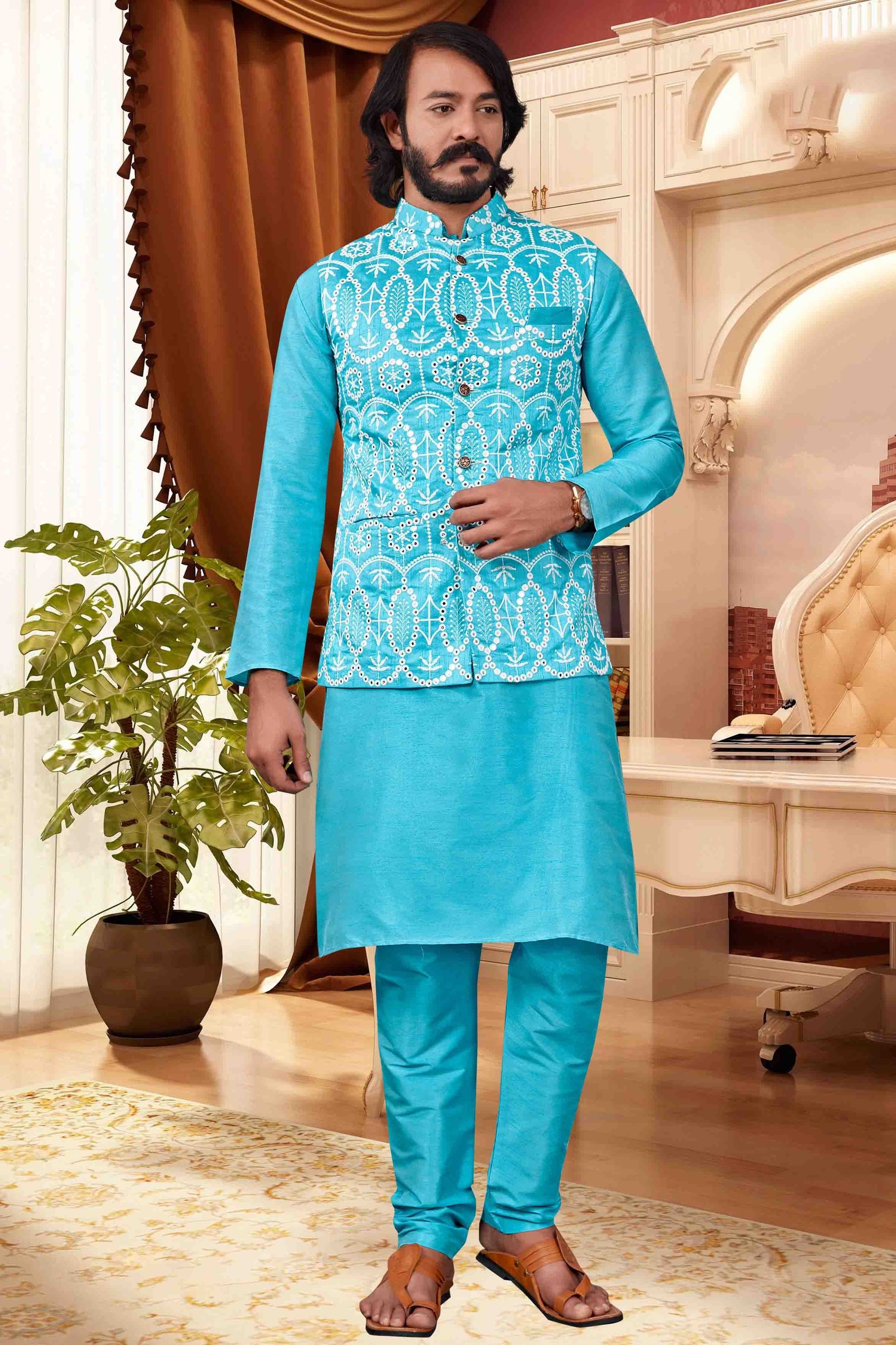 Sky Blue Colour Kurta Pajama With Jacket In Art Silk KP1210418