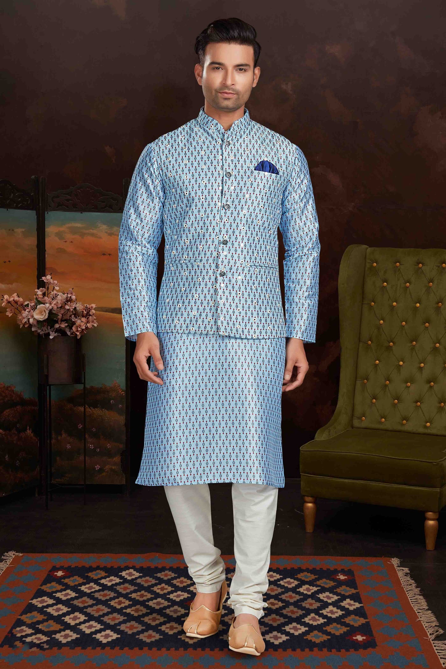 Sky Blue Colour Kurta Pajama With Jacket In Malai Silk KP1210436 A