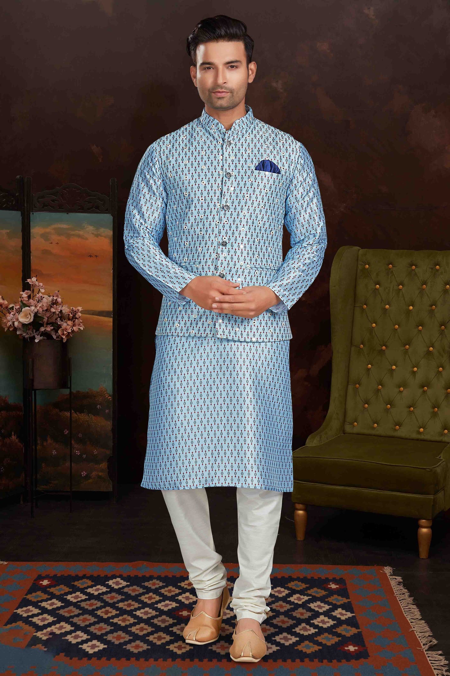 Sky Blue Colour Kurta Pajama With Jacket In Malai Silk KP1210436