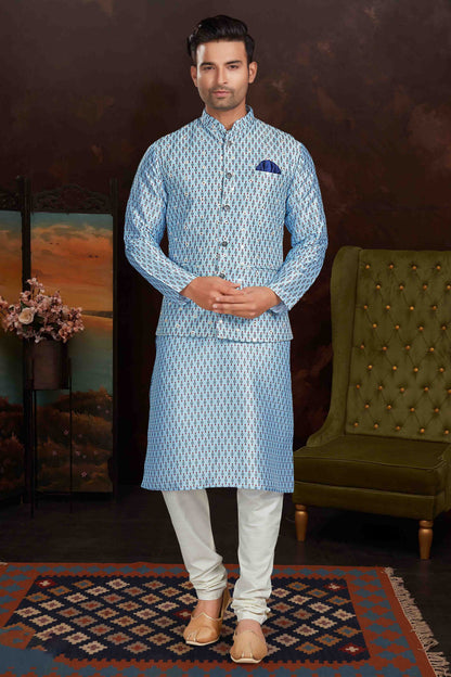 Sky Blue Colour Kurta Pajama With Jacket In Malai Silk KP1210436