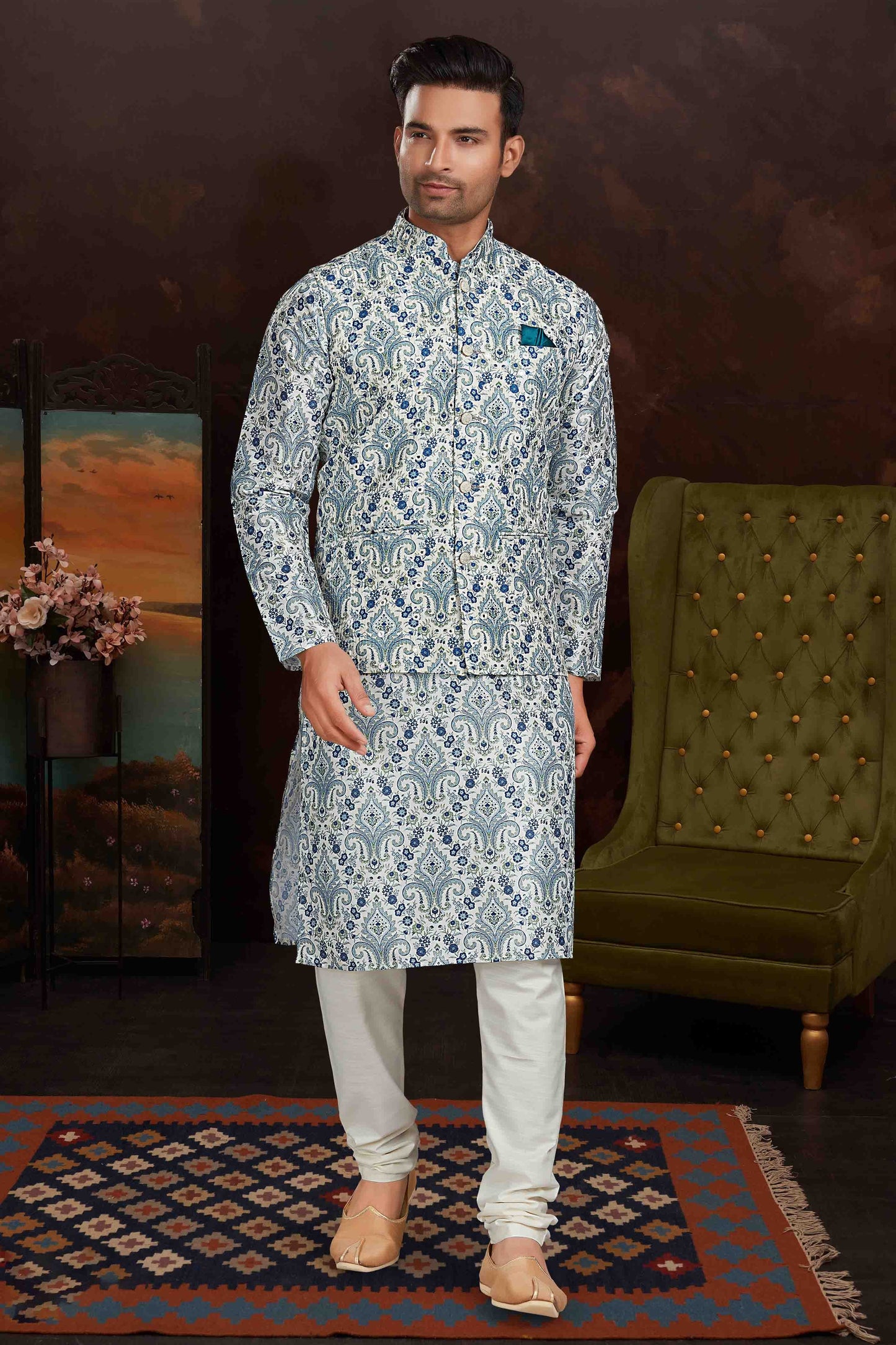 Sky Blue Colour Kurta Pajama With Jacket In Malai Silk KP1210439 A