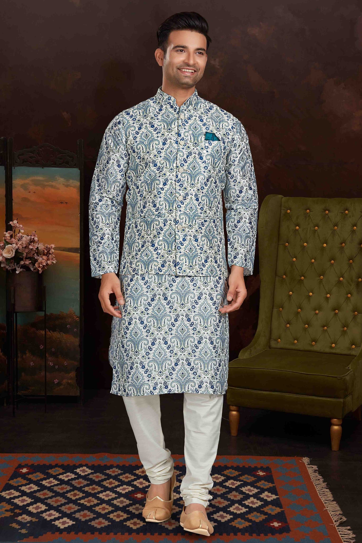 Sky Blue Colour Kurta Pajama With Jacket In Malai Silk KP1210439