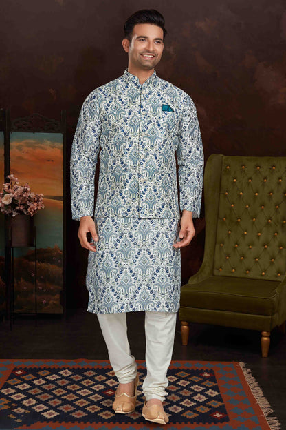 Sky Blue Colour Kurta Pajama With Jacket In Malai Silk KP1210439