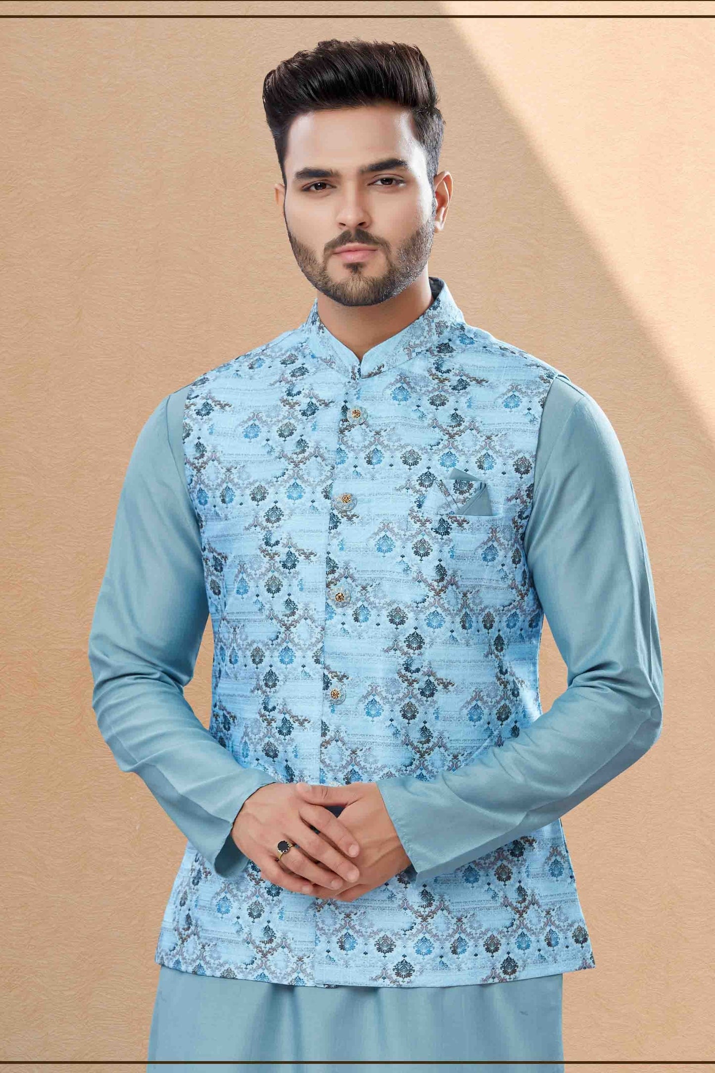 Sky Blue Colour Kurta Pajama With Jacket In Silk Dupion Fabric KP1040459 A