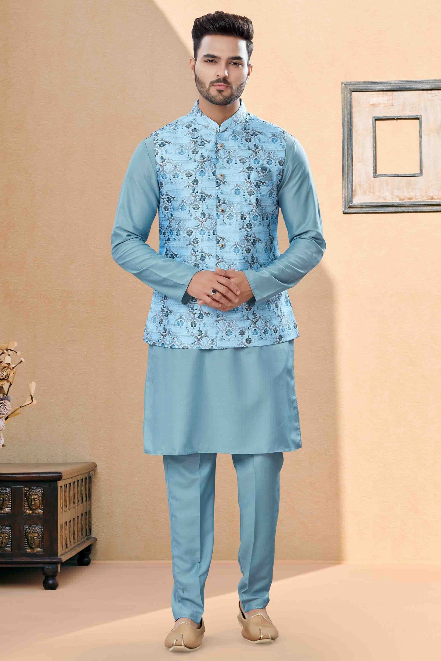 Sky Blue Colour Kurta Pajama With Jacket In Silk Dupion Fabric KP1040459