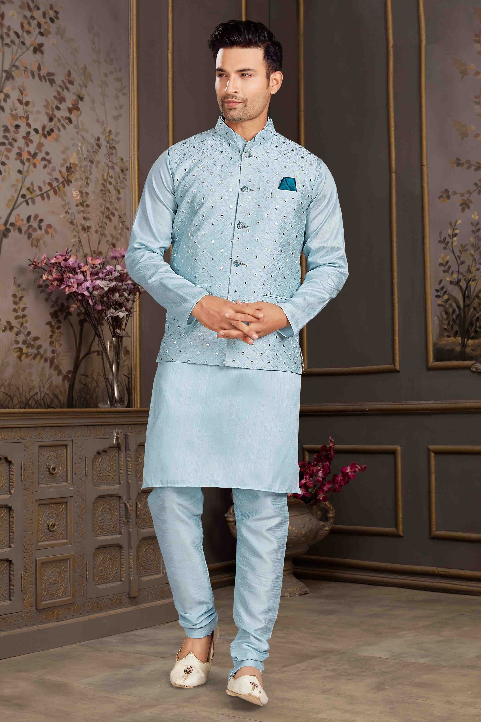 Sky Blue Colour Kurta Pajama With Jacket In Silk Mastani KP1210444 A