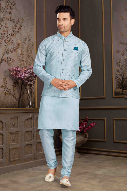 Sky Blue Colour Kurta Pajama With Jacket In Silk Mastani KP1210444 A