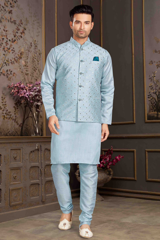 Sky Blue Colour Kurta Pajama With Jacket In Silk Mastani KP1210444