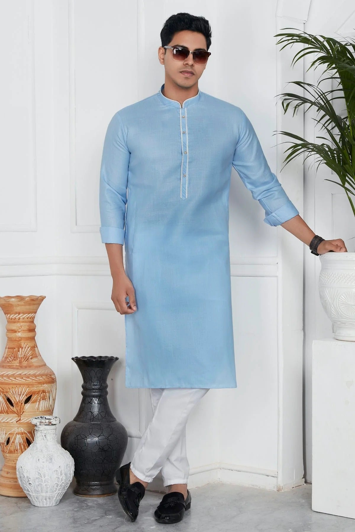 Sky Blue Colour Linen Cotton Pintex Work Kurta Pajama KP1230131 A