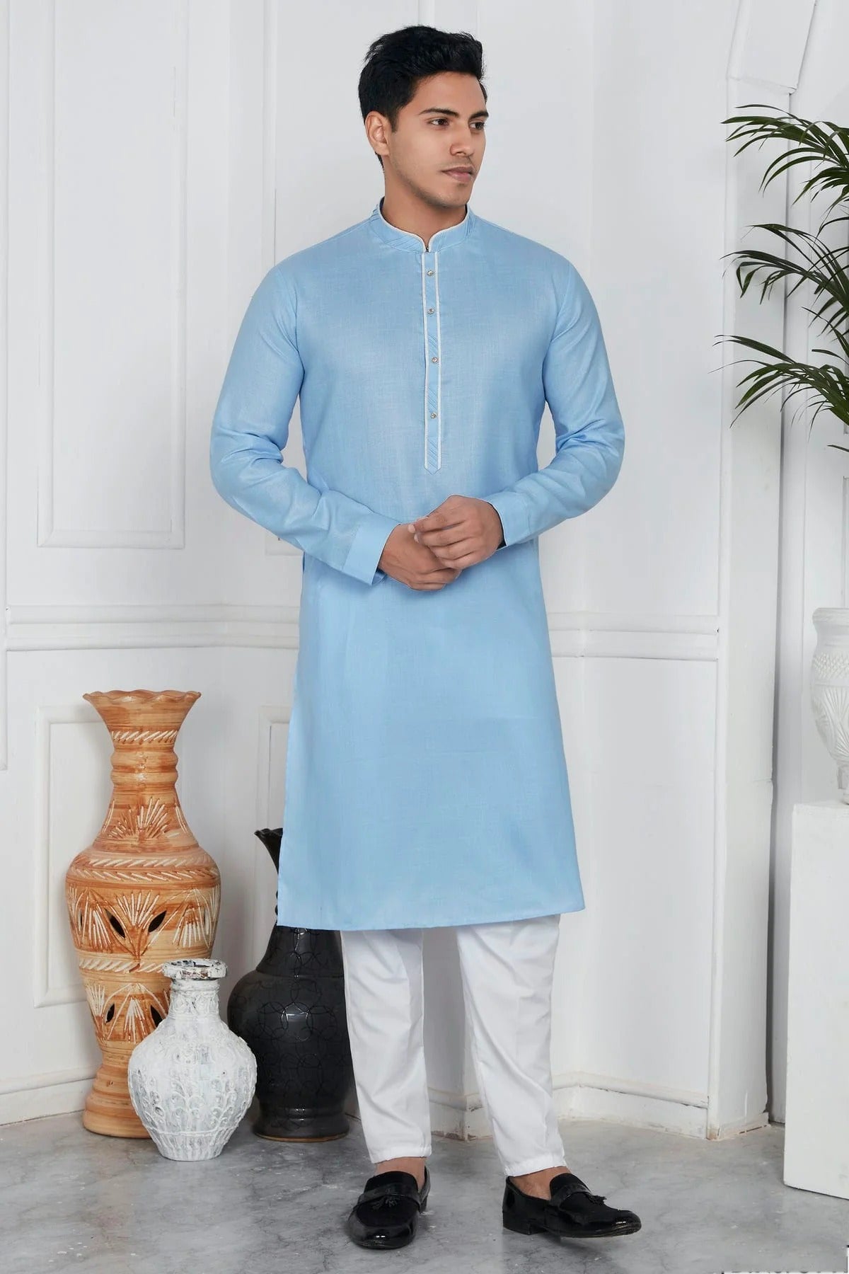 Sky Blue Colour Linen Cotton Pintex Work Kurta Pajama KP1230131